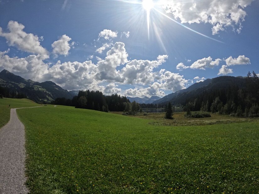 Ein Schotterweg führt über eine grüne Wiese vor bewaldeten Bergen unter sonnigem Himmel.