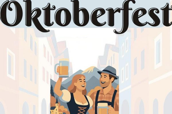 Veranstaltungsplakat zum 1. Kitzbüheler Oktoberfest mit Illustration eines Paares in Tracht und Bierkrügen.