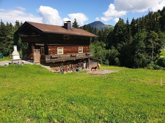 Alpines Holzhaus am Brechhornhaus Zweistöckiges Holzhaus auf einer grünen Wiese vor bewaldeten Bergen unter blauem Himmel.