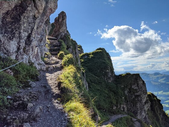 Schmaler Bergpfad an einer Felswand mit Drahtseilsicherung und Holzstufen unter blauem Himmel.