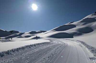 Horn Winterwanderroute im Schnee Präparierter Winterwanderweg in einer verschneiten Hügellandschaft unter blauem Himmel mit Sonnenschein.