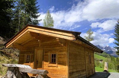 Eine gemütliche Holzhütte umgeben von Bäumen und einer malerischen Landschaft. Der Himmel ist blau mit einigen Wolken.