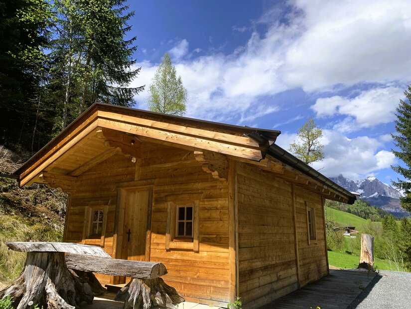 image00001 Eine gemütliche Holzhütte umgeben von Bäumen und einer malerischen Landschaft. Der Himmel ist blau mit einigen Wolken.
