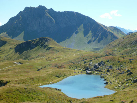 Torsee mit Bergpanorama Ein blauer Bergsee in einer grünen Almlandschaft vor einem hohen Felsmassiv.