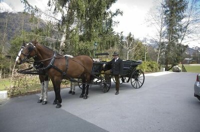 Kutschenfahrt am Henntalhof Zwei braune Pferde vor einer schwarzen Kutsche mit Kutscher in Tracht auf einer asphaltierten Straße.