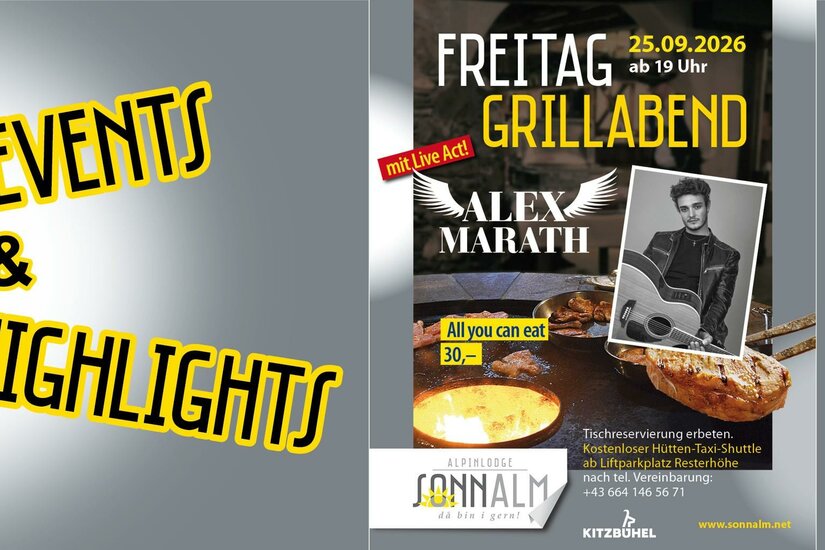 Veranstaltungsplakat für einen Grillabend mit Live-Musik von Alex Marath in der Alpinlodge Sonnalm.