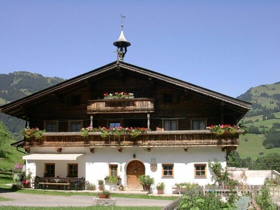 Traditionelles Alpenhaus aus Holz und Stein mit Blumenschmuck vor Bergen.