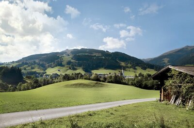 Asphaltierter Weg führt durch grüne Wiesen auf ein Bergdorf mit bewaldeten Hängen zu.