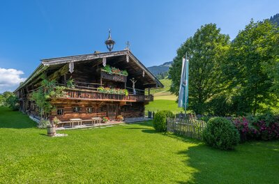 Ein charmantes Holzhaus umgeben von grünem Rasen und Bäumen. Der blaue Himmel und die idyllische Landschaft schaffen eine ruhige Atmosphäre.