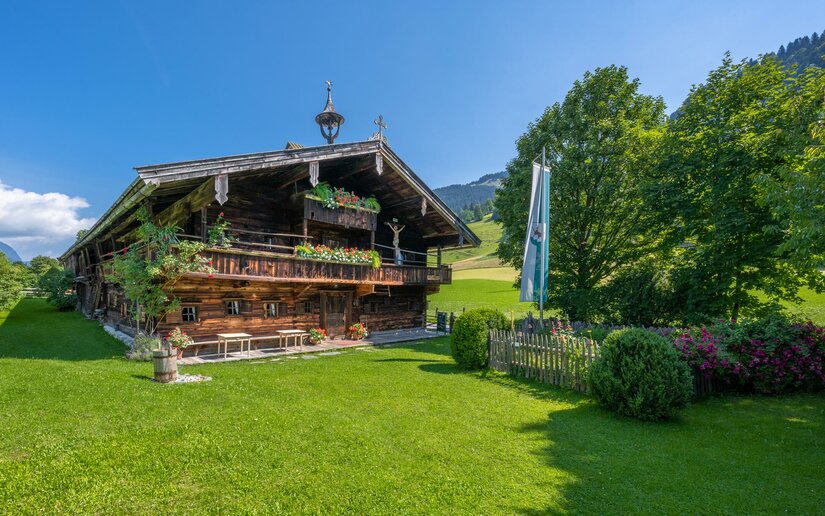 Ein charmantes Holzhaus umgeben von grünem Rasen und Bäumen. Der blaue Himmel und die idyllische Landschaft schaffen eine ruhige Atmosphäre.