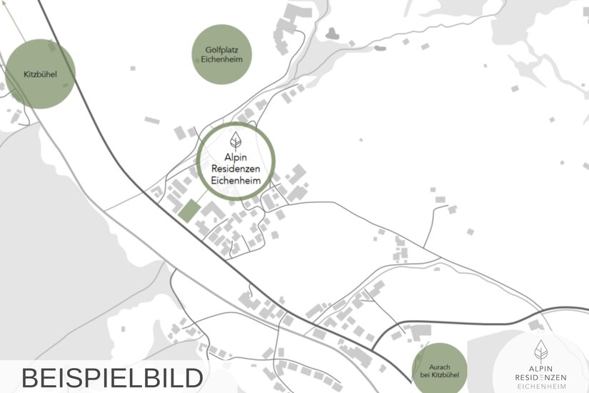 Lageplan der Alpin Residenzen Eichenheim mit Markierungen für Kitzbühel, den Golfplatz und Aurach.