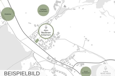 Lageplan der Alpin Residenzen Eichenheim mit Markierungen für Kitzbühel, den Golfplatz und Aurach.