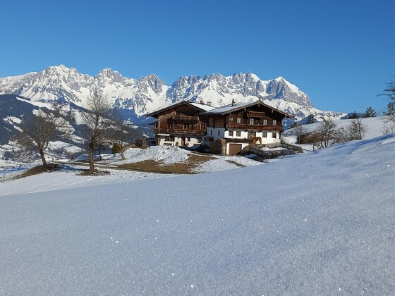 Ein traditionelles Holzhaus in einer verschneiten Alpenlandschaft vor einem schroffen Gebirgsmassiv unter blauem Himmel.