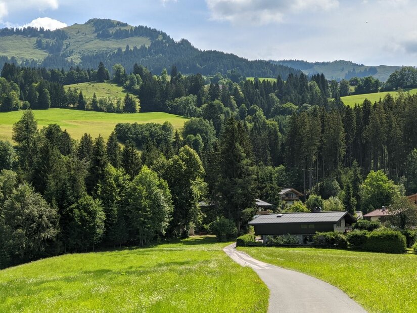 Wanderweg am Sonnberg Asphaltierter Weg führt an einem Haus vorbei durch grüne Wiesen auf bewaldete Berge zu.