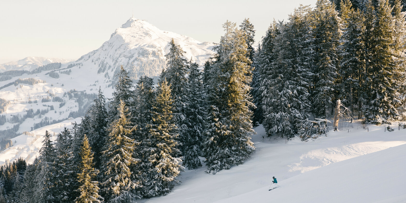 Piste Ochsalm, Skigebiet Kitzbühel, Skifahrer im frischen Schnee vor Bergkulisse und Tannen.