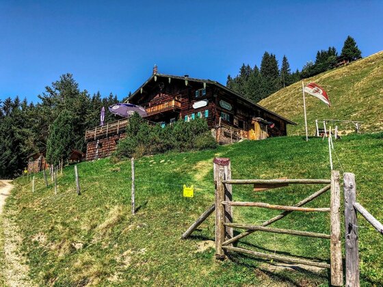 Holzhütte auf einem grünen Grashang mit einem Holzzaun im Vordergrund unter blauem Himmel.