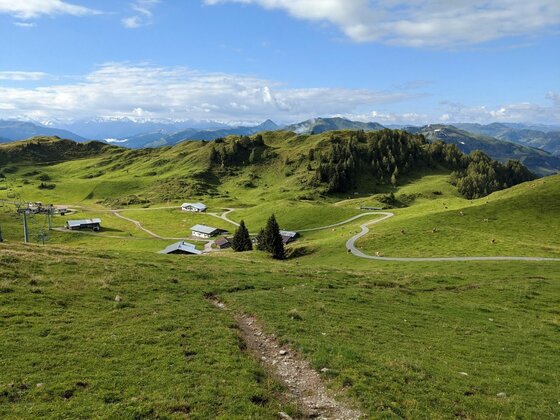 Blick von einem Grashang auf eine Alm mit mehreren Gebäuden, Wegen und einem Skilift vor Gebirgspanorama.