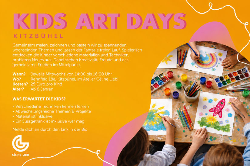 Gelbes Veranstaltungsplakat für Kids Art Days in Kitzbühel mit malenden Kindern an einem Tisch.