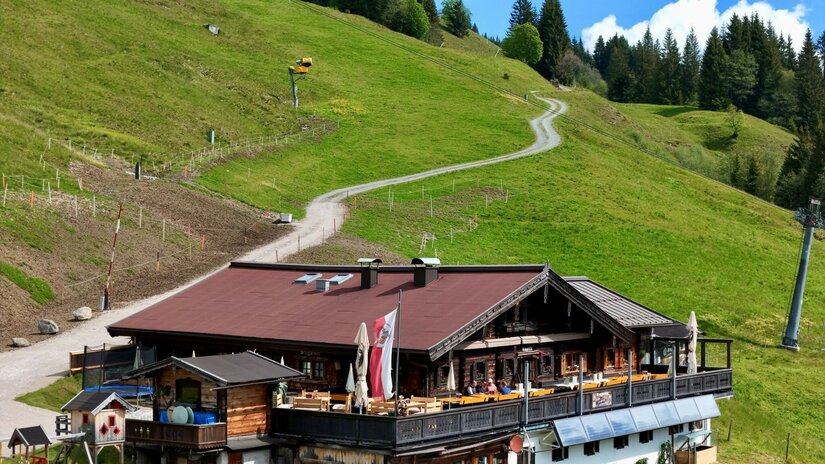 Bruggeralm mit Wanderweg Berghütte mit Terrasse vor einem grünen Hang und einem geschwungenen Wanderweg.