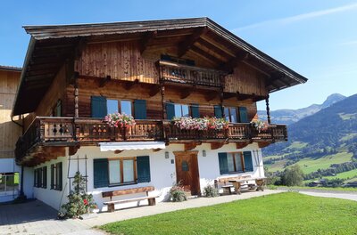 Traditionelles Alpenhaus aus Holz und Stein mit Blumenbalkonen vor Gebirgspanorama.