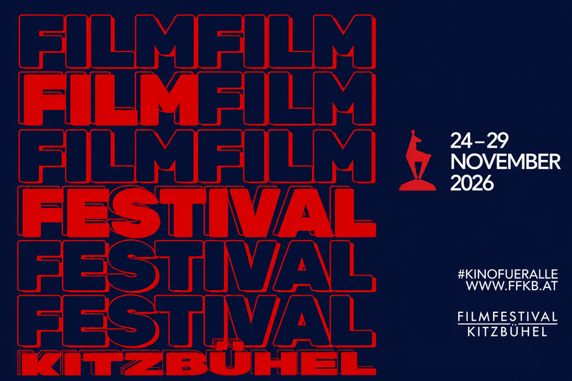 Veranstaltungsplakat zum Filmfestival Kitzbühel 2026 mit roter Typografie auf dunkelblauem Grund.