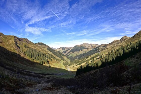 Schotting Runde Gebirgstal Blick in ein bewaldetes Gebirgstal unter blauem Himmel mit Schleierwolken.