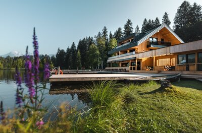 Ein modernes Holzhaus am Ufer eines ruhigen Sees, umgeben von grünen Bäumen. Blühende Pflanzen im Vordergrund verleihen der Szene einen charmanten Touch.