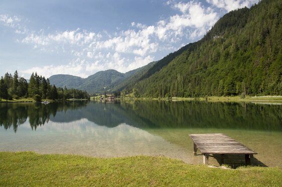 Ein ruhiger See umgeben von grünen Bergen und Bäumen. Ein Holzsteg führt ins Wasser und reflektiert die Himmel und Landschaft.