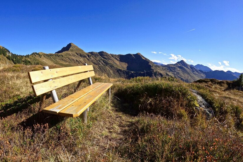 Holzbank auf einer Bergwiese vor einem Gebirgspanorama unter blauem Himmel.
