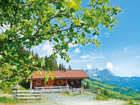 Ein malerisches, rustikales Holzhaus in den Bergen. Im Hintergrund sind grüne Hügel und majestätische Berge zu sehen.