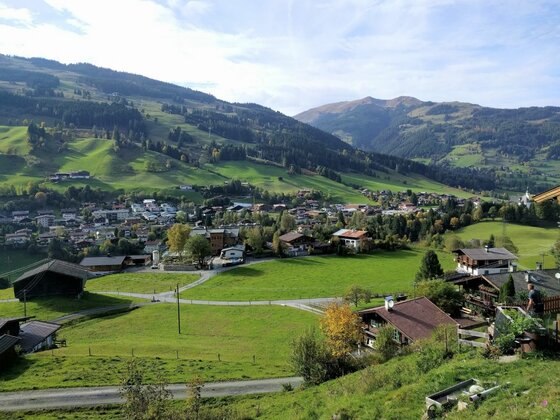 Blick auf ein Dorf im Tal mit grünen Wiesen und bewaldeten Bergen im Hintergrund.