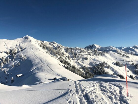 Verschneite Berglandschaft mit Skipiste, Skispuren im Vordergrund und blauem Himmel über dem Hochetzkogel.