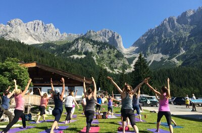 KraftQuelle Eine Gruppe von Menschen praktiziert Yoga im Freien vor einer beeindruckenden Bergkulisse. Die Sonne scheint, und die Umgebung ist grün und einladend.