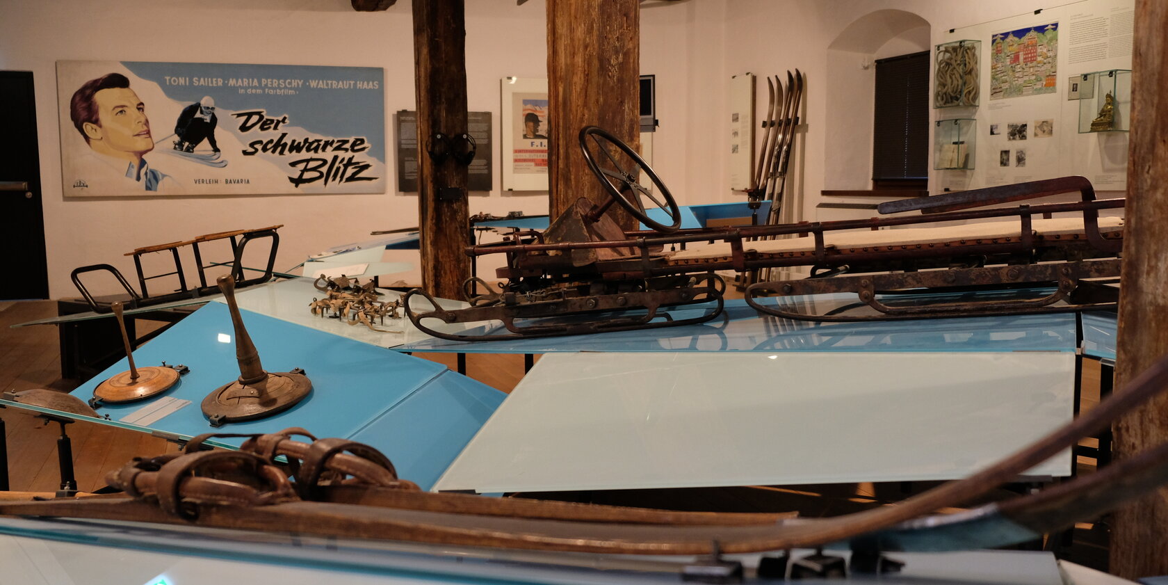 Old wooden skis in the permanent winter sports exhibition at the Kitzbühel Museum