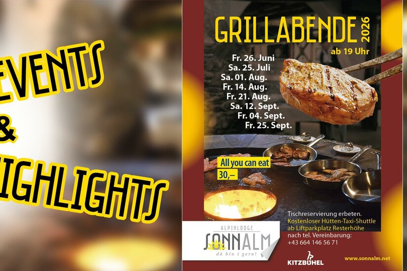 Veranstaltungsplakat für Grillabende mit Fleisch auf einem Grill und Terminen.