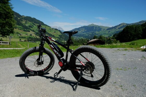 Schwarzes E-Fatbike auf einem Schotterweg vor einer alpinen Bergkulisse mit grünen Hängen.