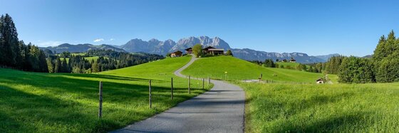 Asphaltierter Weg führt über grüne Wiesen zu einem Bauernhof vor einem Gebirgsmassiv unter blauem Himmel.