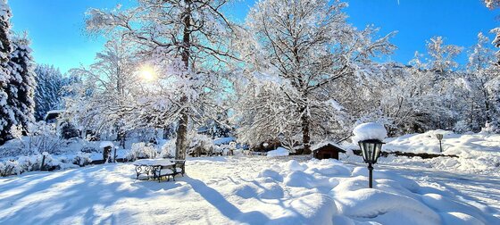 Garten Villa Alpenblick im Winter Verschneiter Garten mit Bäumen, einer Sitzgruppe und einer Laterne unter blauem Himmel bei Sonnenschein.