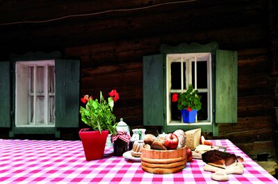 Ein Tisch mit kariertem Tischdeckchen, dekoriert mit frischen Blumen und verschiedenen Lebensmitteln. Im Hintergrund befinden sich zwei Fenster einer Holzhütte.