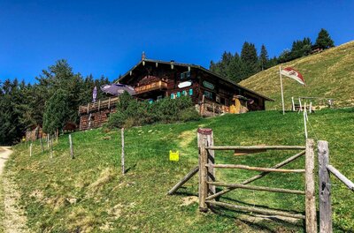Holzhütte auf einem Grashang mit Sonnenschirm, Zaun und wehender Flagge unter blauem Himmel.