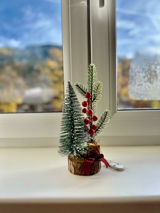 Weihnachtsdekoration am Fenster Kleine Weihnachtsdekoration mit Miniatur-Tannenbaum und roten Beeren auf einem Fensterbrett.