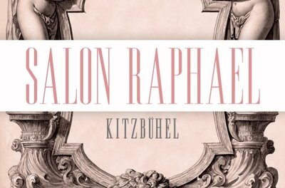 Ein elegantes Design mit zwei Engel-Figuren und einem Löwenkopf. Der Name „Salon Raphael“ und „Kitzbühel“ sind prominently dargestellt.