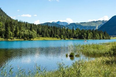 Ein ruhiger See umgeben von grünen Wäldern und Bergen. Der Himmel ist blau und klar, ideal für einen entspannten Tag in der Natur.