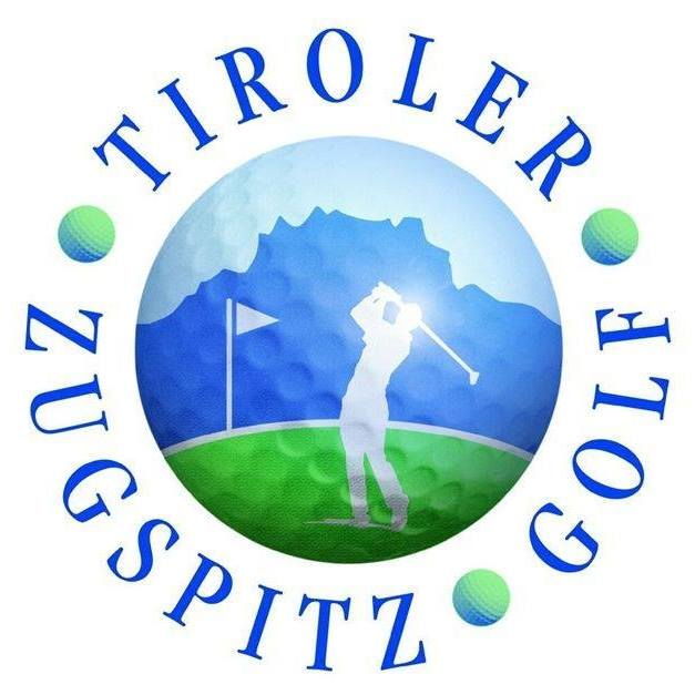 Golf Ein Logo für den Tiroler Zugspitz Golf. Es zeigt einen Golfer in Aktion vor einem Bergpanorama.