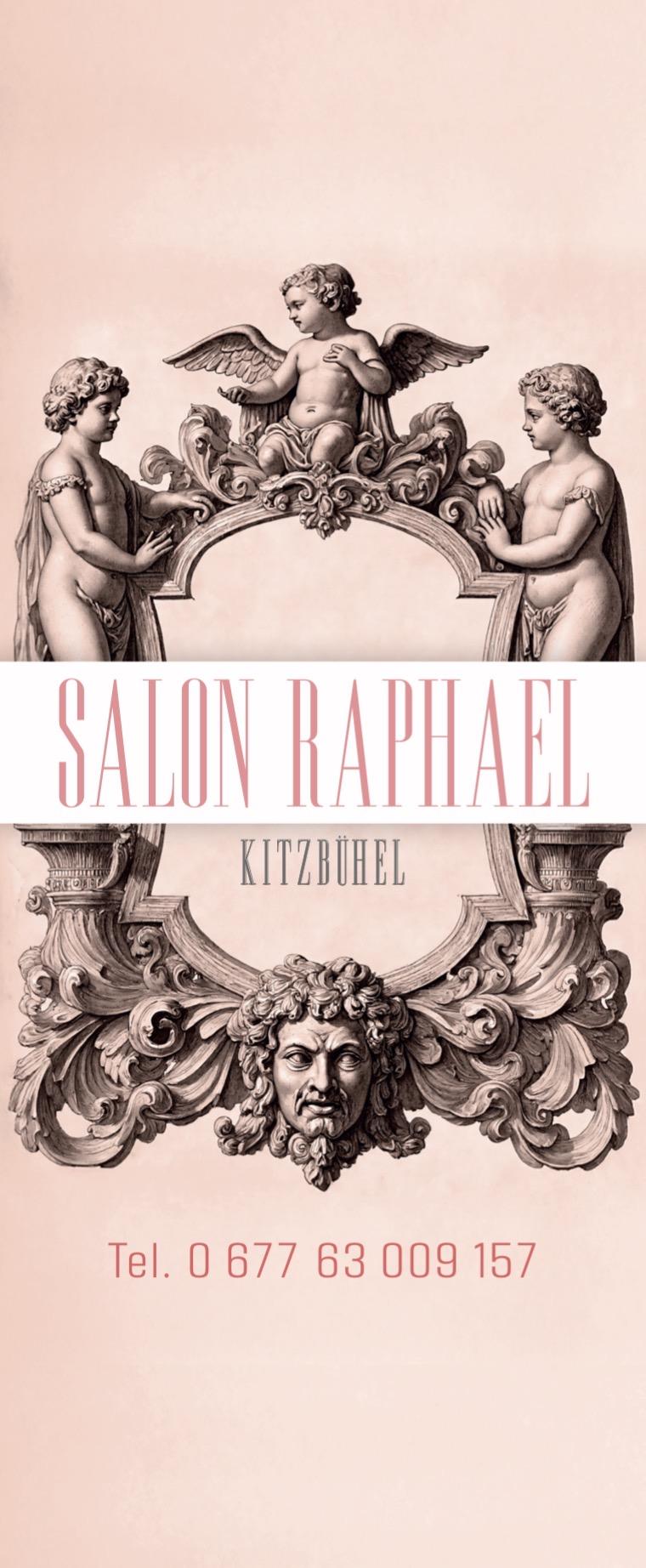 Salon Raphael Ein elegantes Design mit zwei Engel-Figuren und einem Löwenkopf. Der Name „Salon Raphael“ und „Kitzbühel“ sind prominently dargestellt.