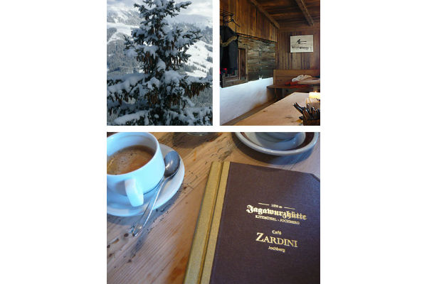 Collage aus verschneiter Tanne, rustikaler Holzhütte innen und einer Kaffeetasse mit Speisekarte auf einem Holztisch.